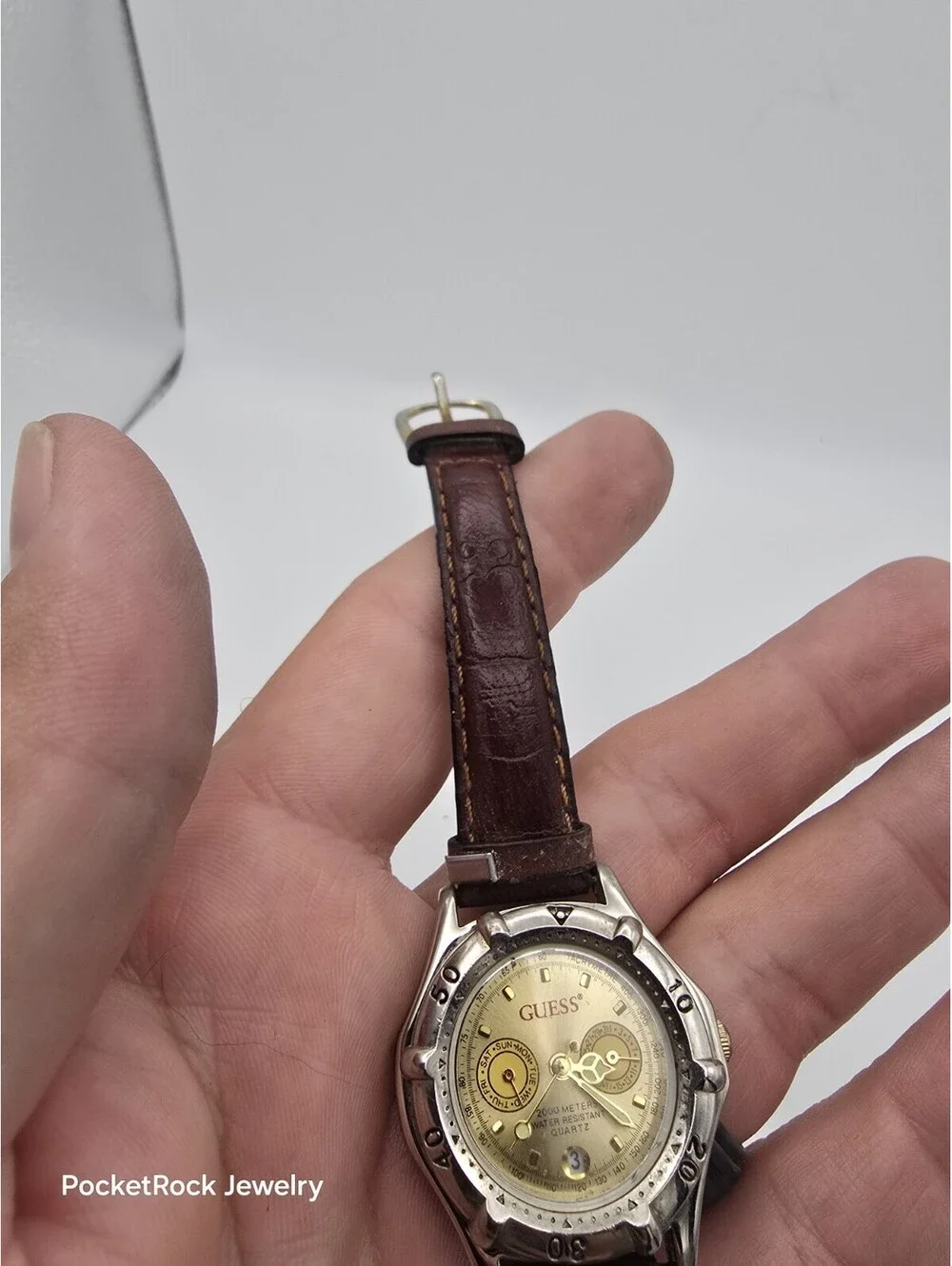 Guess Multifunction Gold Dial Day Date Tachymeter Brown Leather Quartz Watch